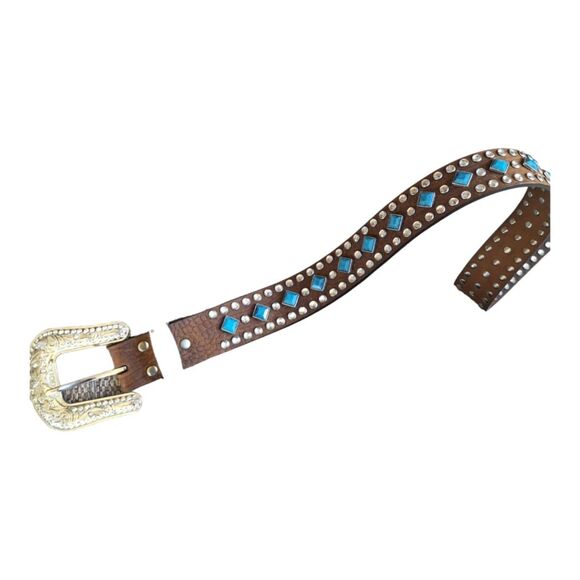 Nocona Belt Co. Leather Turquoise Stud Western Rodeo Festival Rhinestones size M - Picture 10 of 15